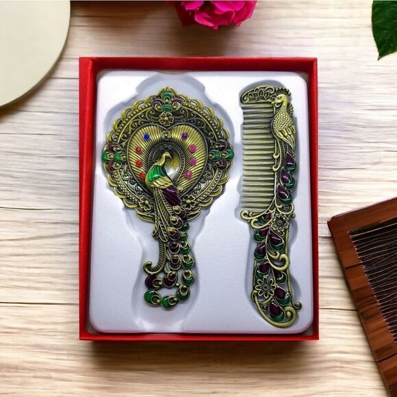 Vintage Peacock Mirror Comb Gift Box Set Antique Gold Rhinestone Regency Vanity main image 5